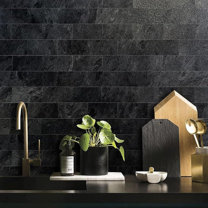 AULIGET 200 Pieces Black Slate Peel and Stick Backsplash Wall Tiles, 3" x 6" PVC Faux Stone Stick on Tiles for Backsplash Kitchen, Bathroom, Laundry Room, Camper, Fireplace