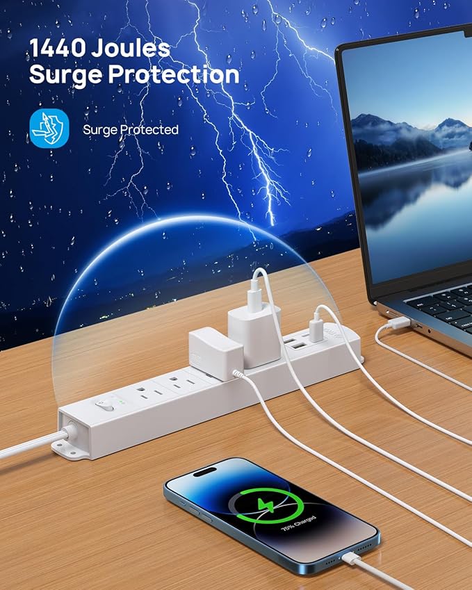 TROND Flat Plug Power Strip USB-5ft Flat Extension Cord Surge Protector Wall Mount, 2 Type C & 2 USB A Ports with Multiple Outlets, 1440J, 1625W for Office Supplies Dorm Room Essentials, White