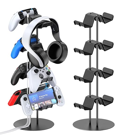 Kytok Controller Stand 4 Tiers with Cable Organizer for Desk, Universal Headphone Stand Compatible with Xbox PS5 PS4 Console Nintendo Switch, Headset Holder & Desk Mounts for 8 Packs Controller