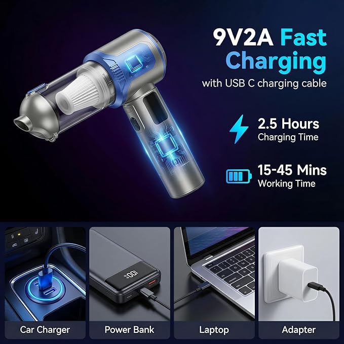 makecatch Handheld Car Vacuum Cleaner, 20000Pa High-Power Cordless Vacuum with 6000mAh Battery, LED Light, Washable HEPA Filter, Large Dust Cup, Lightweight Mini Vacuum for Car/Home/Pet Hair