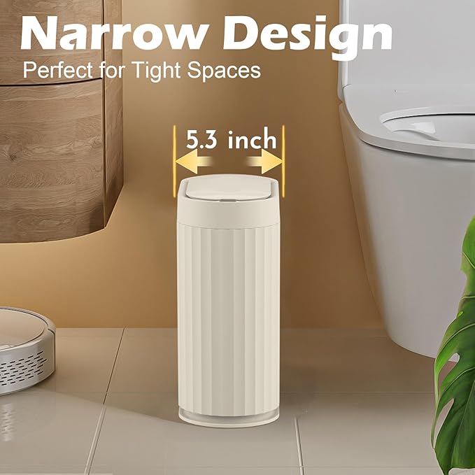 ELPHECO 2 Gallon Sensor Trash Can - 7.5L Waterproof Motion Sensor Trash Can, Automatic Bathroom Trash Bin, Slim Garbage Can, Bathroom, Office, Bedroom, Beige