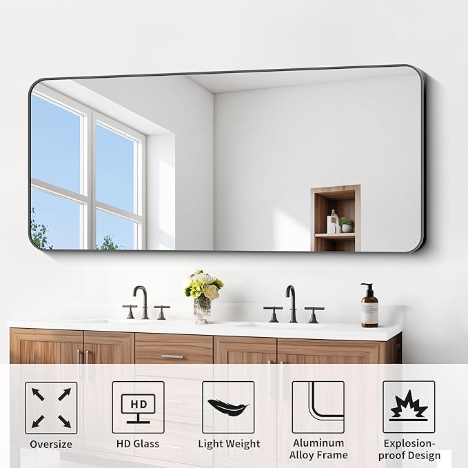 FORBATH Large Bathroom Mirror 72x30 Inches, Black Oversized Wall Mirror for 2 Sinks Aluminum Frame Wall Mounted Rounded Corner Morndern Mirror for Bathroom Bedroom Entryway Living Room