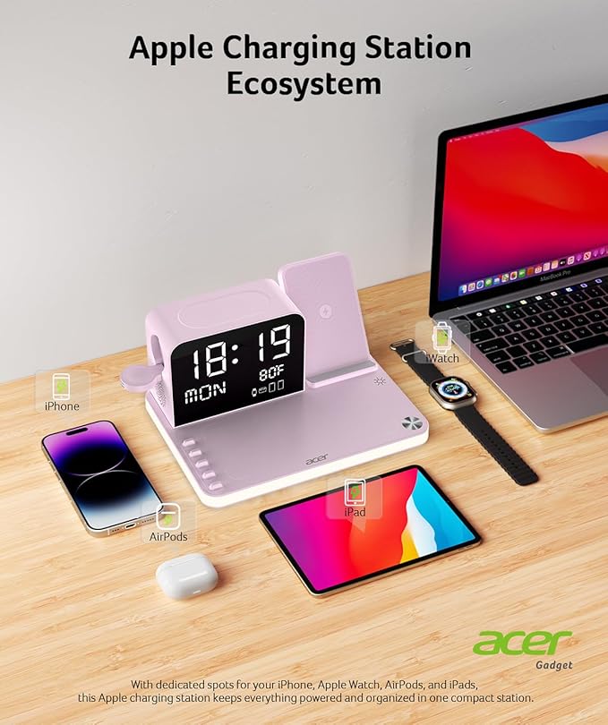 Acer 7-in-1 Wireless Charging Station with LED Clock - 30W Fast Wireless Charger for iPhone 16/15/14/13/12/Pro Max, Apple Watch, AirPods - Bluetooth Auto Time Sync & Night Lights (Purple)