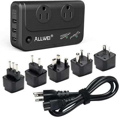 ALLWEI Travel Voltage Converter 220V to 110V Power International Travel Adapter for Hair Straightener/Curling Iron, Universal Power Plug Adapter UK, US, AU, EU, IT, India (Black)