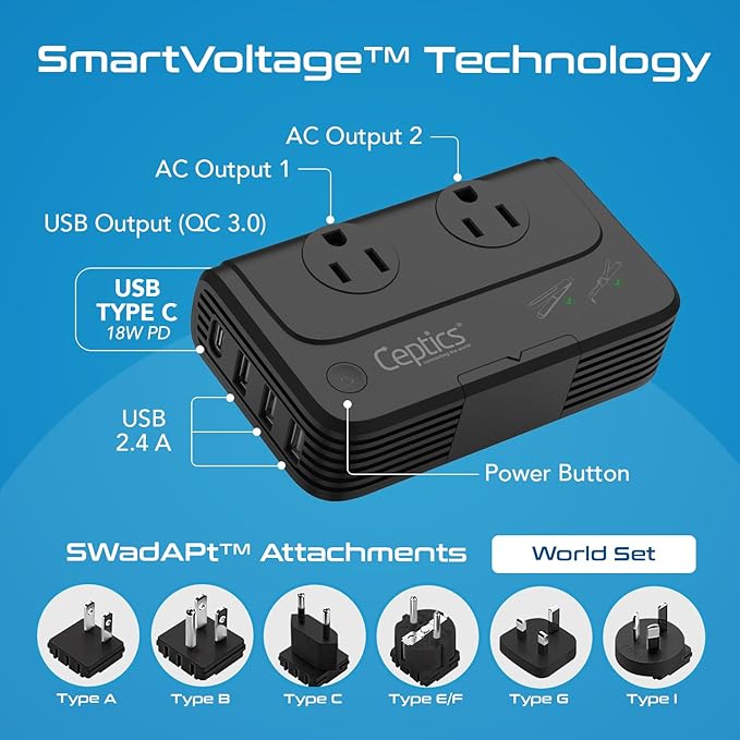 Ceptics - 6 in 1 Travel Adapter and Voltage Converter, 220V to 110V Converter with Surge Protection, Universal Adapter with Types A, C, G, I attachments & 4 USB PD 18W Fast Charging - Black