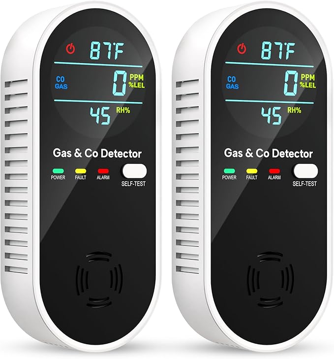Carbon Monoxide Detectors and Natural Gas Detector, 4-in-1 Carbon Monoxide Detectors Plug in, Gas Leak Detector with Dual Alarms, Temperature & Humidity Sensor for Home, RV, Black, 2 Packs