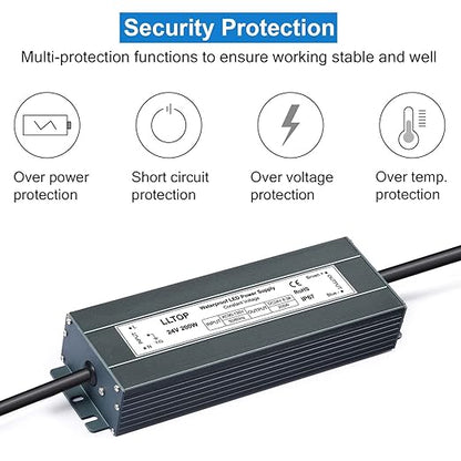 LLTOP LED Power Supply 24V 8.3A 200W LED Driver AC90-130V to 24VDC Converter Low Voltage Transformer Waterproof for Indoor Outdoor LED Lighting