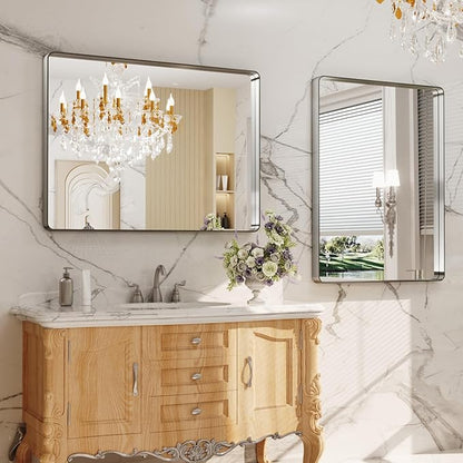 LOAAO 40X24 Inch Brushed Nickel Bathroom Mirror, Rounded Rectangle Silver Metal Frame Mirror, Brushed Nickel, Anti-Rust, Hangs Horizontally or Vertically