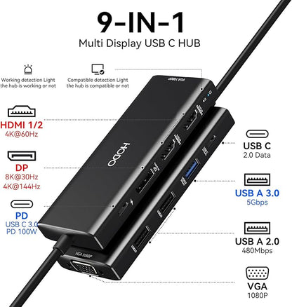 HODO USB C Docking Station Dual Monitor Adapter for Dell HP, Laptop Docking Station 3 Monitors Quad Display USB C Hub Dongle to 2 HDMI 4K,DP 8K, VGA,4 USB,PD, Adapter 9 in 1 Laptop Dongle