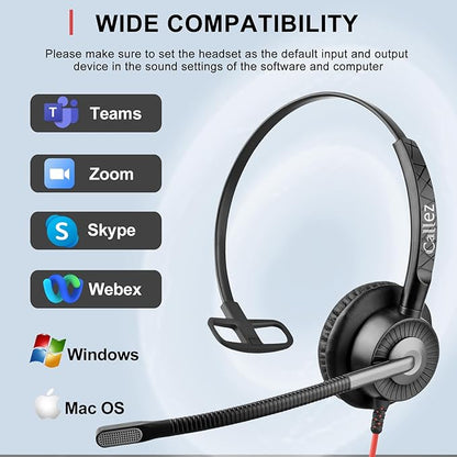Callez USB Headset with Mic, Computer Headset with ENC Dual Noise Cancelling Microphone & MS Teams Call Button, Wired Mono Headphones for PC Laptop Mac Teams Zoom Home Office Work