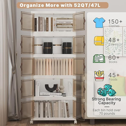 Extra Large Stackable Storage Bins with Lids & Wheels, 275QT-55QT/14GAL*5Pack Foldable Collapsible Closet Organizers Storage Cabinet with Doors for Bedroom Dorm