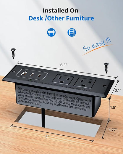 Recessed Power Strip with 20W USB C Port, Fast Charging USB A Port Conference Recessed Outlet, Space-Saver for Furniture Side Table, End Table, Desk Outlet with 6ft Cord, 45° Thin Flat Plug, Black