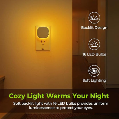 AUVON Plug-in LED Backlit Night Light with Motion Sensor & Dusk to Dawn Sensor, Dimmable Amber Nightlight with 1-50 lm Adjustable Brightness for Bathroom, Bedroom, Hallway, Stairs (2 Pack)