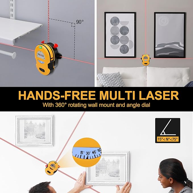 PREXISO Multi Surface Laser Level LED Light Vial, 30Ft Horizontal & Vertical Line Laser with Wall Mount Base, 2 Pins, 10 Sticker, 2 AA Batteries for Hanging Frames & Picture, Construction Wall Writing