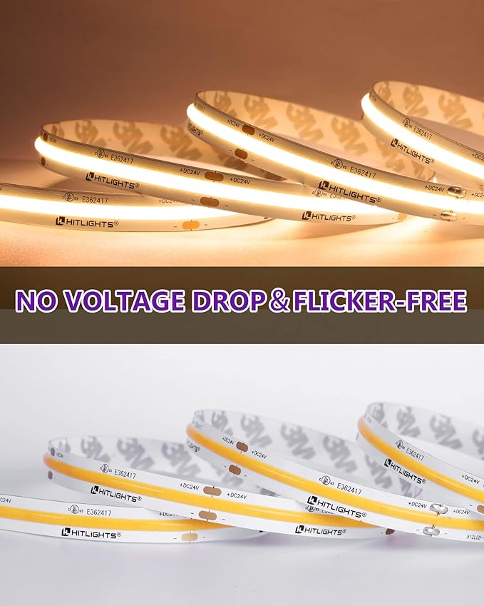 HitLights COB LED Strip Lights Warm White 3000K, 16.4ft Premium High Density 24V Tape Light, 2560 LEDs, 350+ LM/FT, CRI 90+, IP30, Lighting for Kitchen, Cabinets, UL Listed (Power Source Not Included)