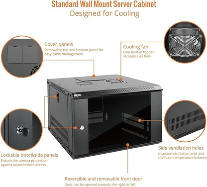 Tecmojo 6U Wall Mount Server Cabinet IT Network Rack Enclosure Lockable Door and Side Panels Black, Cooling Fan, Standard Glass Door, 450mm Depth, for 19” IT Equipment, A/V Devices