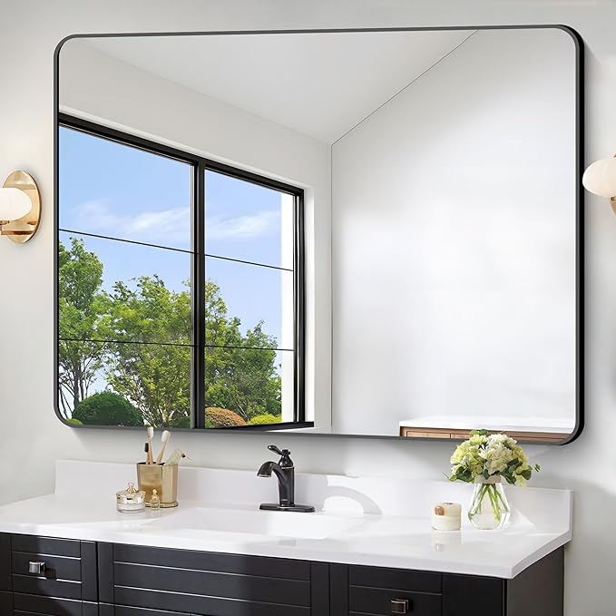FORBATH Large Bathroom Mirror 48 x 36 Inches，Black Large Wall Mirror Aluminum Frame Wall Mounted Rounded Corner Morndern Mirror for Bathroom Bedroom Entryway Living Room