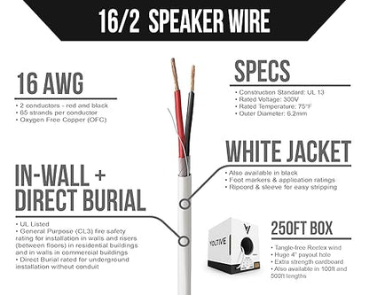 Voltive 16/2 Speaker Wire, in-Wall CL3 & Direct Burial, White, 250ft - 16AWG, 2 Conductors, Stranded Oxygen-Free Copper, UL Listed - V-1210-4