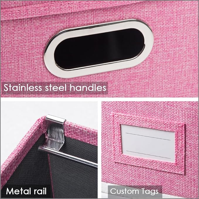 PRANDOM File Organizer Box - Set of 4 Collapsible Decorative Linen Filing Storage Hanging File Folders with Lids Office Cabinet Letter/Legal Size Pink 17.1x14x11.1 inch