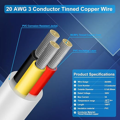 20 Gauge 3 Conductor Electrical Wire, 100FT Low Voltage 20/3 Tinned Copper Stranded 3 Wire Cable, 20 AWG White Flexible Extension Power Cord for Automotive, LED Lamp, Outdoor Landscape Lighting Etc