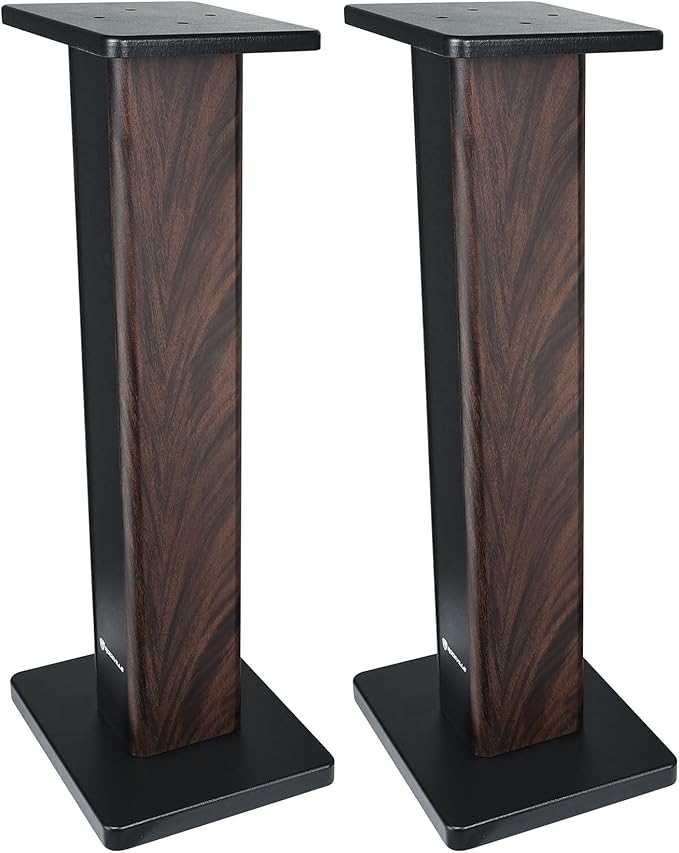 Rockville Pair RHT28D 28" Bookshelf Speaker Stands, Dark Wood Grain, 60 lbs Capacity, Sand-Fillable Design, Dual Platform Sizes, Anti-Slip Pads, for Home Theater and Studio Monitors