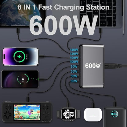 600W USB C Charger 100W USB C Charger Block, GaN III 8-Port Fast Charging Station Hub,PD 3.1 140W Laptop Charger Adapter Compatible with MacBook Pro/Air,DELL,Steam Deck,iPhone 16/15/14,Galaxy S25