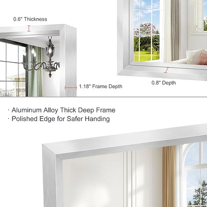 Silver Bathroom Mirror, 28x60 Inch Brushed Silver Rectangle Mirror for Wall, 0.6" Thickened Deep Frame Mirrors for Over Sink, Shatterproof Tempered Glass, Antirust, Horizontally or Vertically