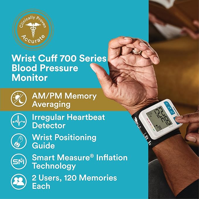 Homedics 700 Series Wrist Cuff Blood Pressure Monitor for Home Use, One-Touch Operation, Accurate Results, 2 Users, with Bluetooth Wireless Technology to The Homedics Health App (Smart)