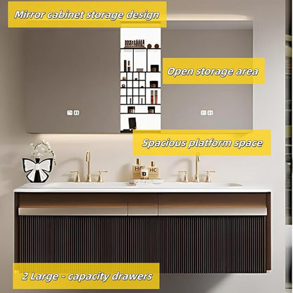Bathroom Vanity with Double Sink - Bathroom Cabinet Vanity Including Grille Shaped Panel | Bathroom Vanity Double Sink, Soft Light LED Lights & Smart Defogging Mirror (Mirror, 80IN)