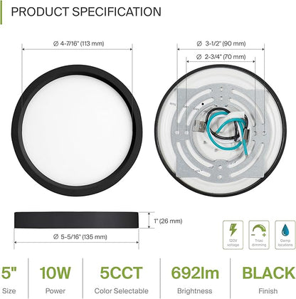 ASD LED 5" Round Flush Mount Ceiling Light Fixture, Low Profile Surface Lighting | 5CCT, Dimmable, Ultra-Thin, ETL Listed | 10W 700LM 2700-6000K 120V | Kitchen, Bedroom, Hallway Lamp | Black, 6 Pack