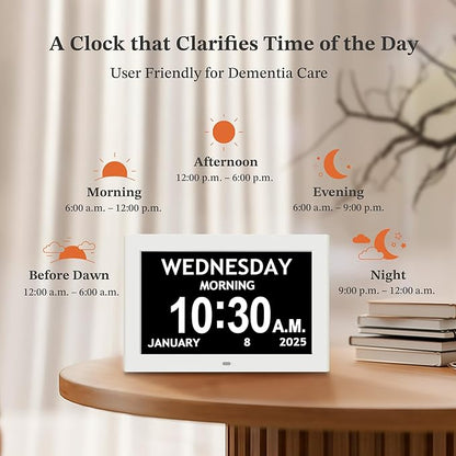 10.1'' Digital Clock, 1280*800p HD Extra Large Display, Dementia Clock For Seniors, 10 Reminders & 6 Alarms, Auto Dimming & DST, Remote Control, Digital Clock With Date, Time, Day Of Week, White