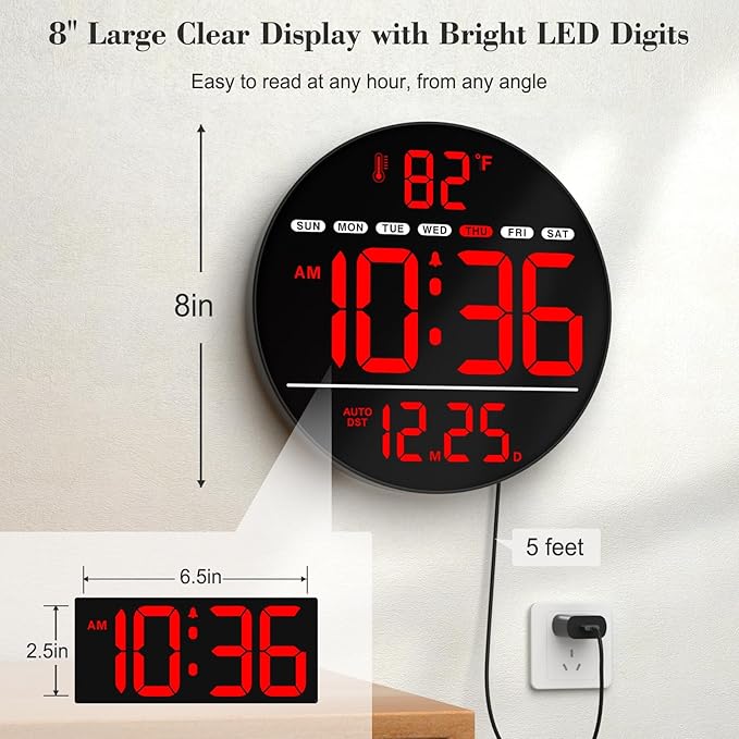 WallarGe Large Digital Wall Clock with LED Display, Electric Wall Clock with Temperature, Auto DST, Date, and Day, 5-Level Brightness for Office, Bedroom, Living Room, Classroom Décor