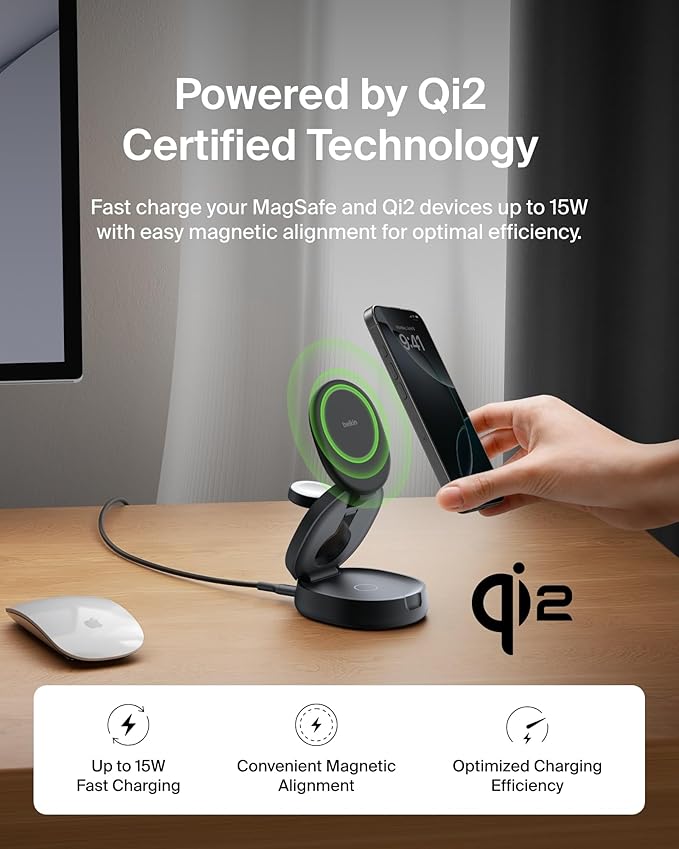 Belkin MagSafe Charger Compatible, 3-in-1 Qi2 15W Wireless Charging Station, Convertible Wireless Charger for iPhone 17, Apple Watch, AirPods, Pixel 10, Phone Stand for Travel w/ 36W Adapter - Black
