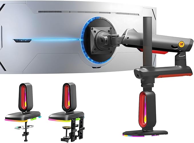 NB Extra Height Gaming Monitor Arm for 32 to 60 Inches Screen, Load up to 20 kg, VESA 75/100, RGB-Light, Heavy Duty, Multi Angle Adjustable, Premium Aluminum, Long Arm Extension Red