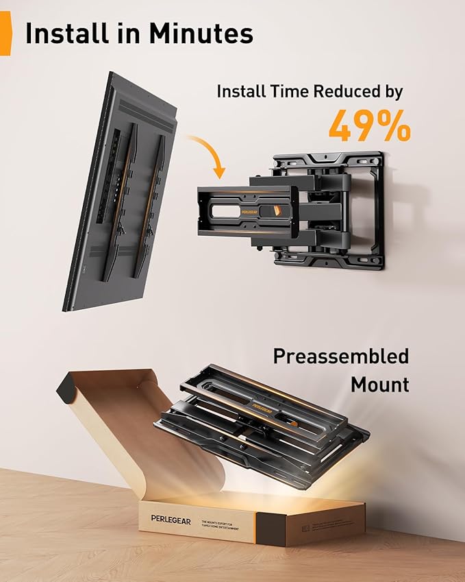 Perlegear Full Motion TV Mount for 26-74 inch TVs, Height Adjustable Pre-Assembled TV Wall Mount with Dual Articulating Arms, Tool-Free Tilt, Swivel, Fits 16” Studs, 99 lbs, Max VESA 400x400mm, PGMF21