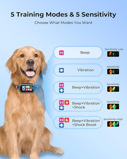 Dog Bark Collar 1-Second Quick Bark Stopping, Smart Humane Training Collar with Beep Vibration & Shock, Rechargeable Ultra-Light, IP67 Waterproof, 5 Adjustable Sensitivity for Small/Medium/Large Dogs