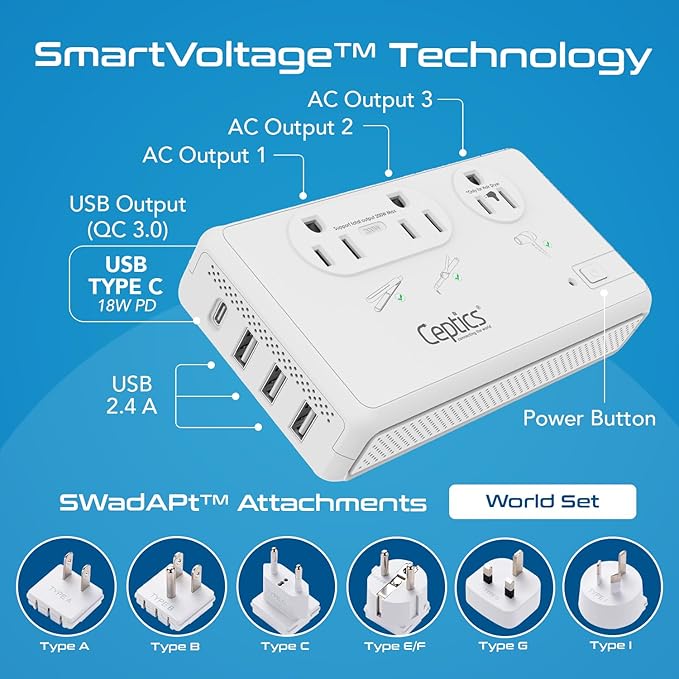 Ceptics 2000W Travel Voltage Converter for Hair Dryer & 200W Convert 220V to 110V for Curling Iron, Straightener, Chargers, Step Down World Power 4 USB Charging QC 3.0 SWadApt Type A, B, C, E/F, G, I