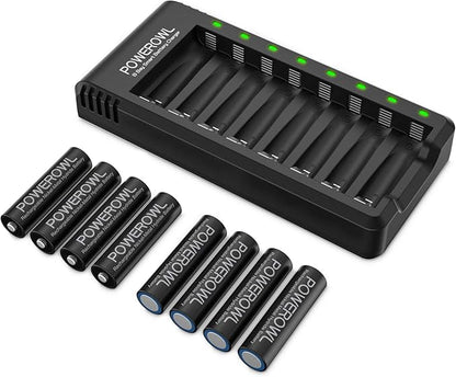 POWEROWL Rechargeable AA Batteries with Charger, 8 Pack of 2800mAh High Capacity Low Self Discharge Ni-MH Double A Batteries with Smart 8 Bay Battery Charger (USB Fast Charging, Independent Slot)