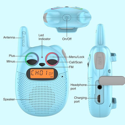 Qniglo Walkie Talkies for Kids Rechargeable 2 Pack,Christmas Birthday Gifts Toys for Age 3-12 Boys Girls, Long Range Kids Walkie-Talkie with FM Radio for Family Adventure Camping Hiking Spy Games