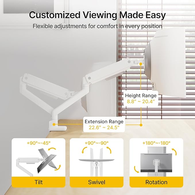monTEK Single Monitor Arm for Max 45 Inch Ultrawide Screens Adjustable Monitor Desk Mount Holds 35 Lbs Cable Management with C Clamp/Grommet Desk Mount, VESA 75/100mm, MA1007WH