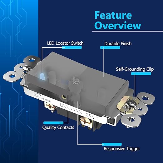 LIDER Minimalist Design Matte Finish Lighted 4-Way Decorator Light Switch, Four Way Frameless Rocker Switch, Residential/Commercial Grade, 15A 120V/277V, UL Listed, LS15-4W-GY, Gray