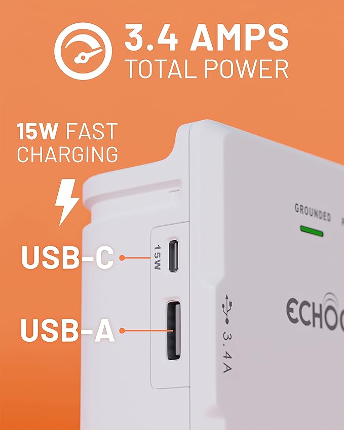 ECHOGEAR Wall Outlet with USB Ports & Surge Protection - Power Protect 8 Devices 6 Rotating AC Plugs 2 Includes 1x USB-C Port USB-A White