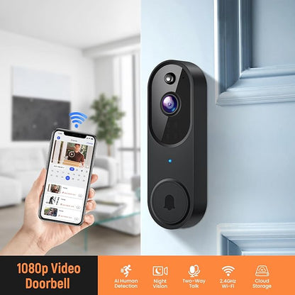 GridTera Smart Video Doorbell Camera Wireless, AI Human Detection and Instant Alerts, Night Vision, 2-Way Audio, Battery Powered, Cloud Storage Sold Seperately, 2.4G WiFi (Chime Included)