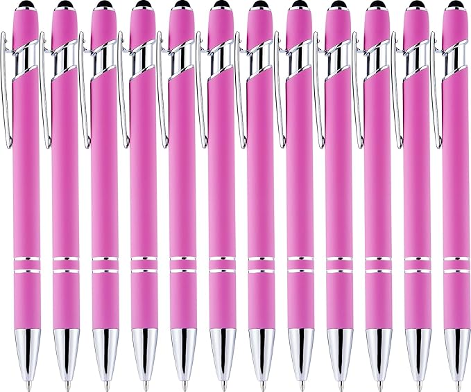 LINFANC 12 Pack Pink Ballpoint Pen with Stylus Tip, 1.0 mm Black Ink Smooth Writing Pens, Metal Stylus Pens for Touch Screens