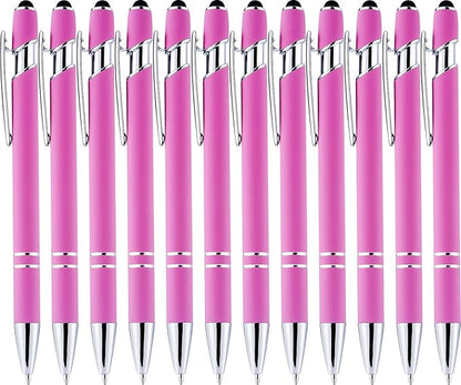 LINFANC 12 Pack Pink Ballpoint Pen with Stylus Tip, 1.0 mm Black Ink Smooth Writing Pens, Metal Stylus Pens for Touch Screens