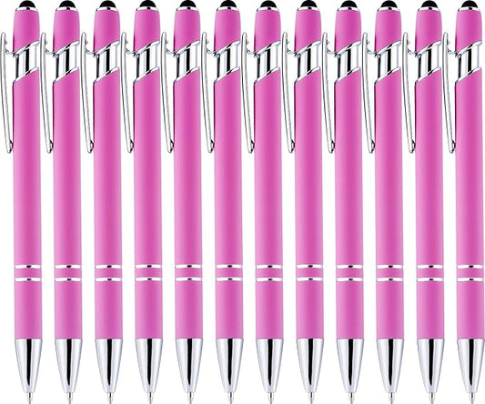 LINFANC 12 Pack Pink Ballpoint Pen with Stylus Tip, 1.0 mm Black Ink Smooth Writing Pens, Metal Stylus Pens for Touch Screens