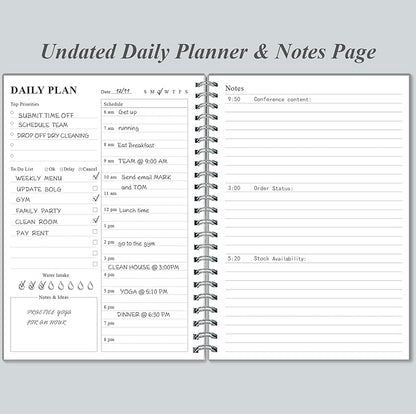 Daily Planner Undated - A5 To Do List Notebook Hourly Schedules, Spiral Appointment Planner for Women and Men, PVC Hardcover, Inner Pocket, Elastic Closure, 5.8" x 8.3", Grey