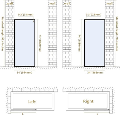 Bathroom Fixed Glass Shower Wall Panels, 34 in W x 74 in H Framed Tempered Shower Glass Panel for Open Walk-in Bathroom and Bathtub, Clear Glass Shower Panel with Matte Brushed Gold Finish