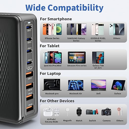 USB C Charger Block, 200W GaN 8 Port USBC Charging Station USB Hub Block Cube with PD3.0 Type C & USB A Wall Charger Power Adapter for Multiple Devices Apple iPhone 17/16/15,MacBook Pro/Air,iPad-Black