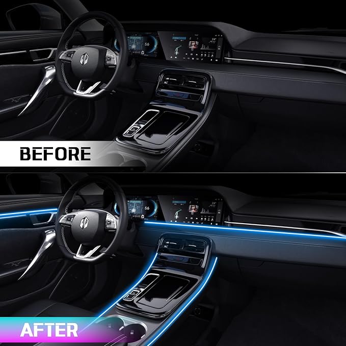 RGB Acrylic Ambient Lighting Car Lights, LED Strip Lights with APP Control, 593 LEDs Interior Car Lights, 6 in 1 Neon Car Ambient Lighting Kit